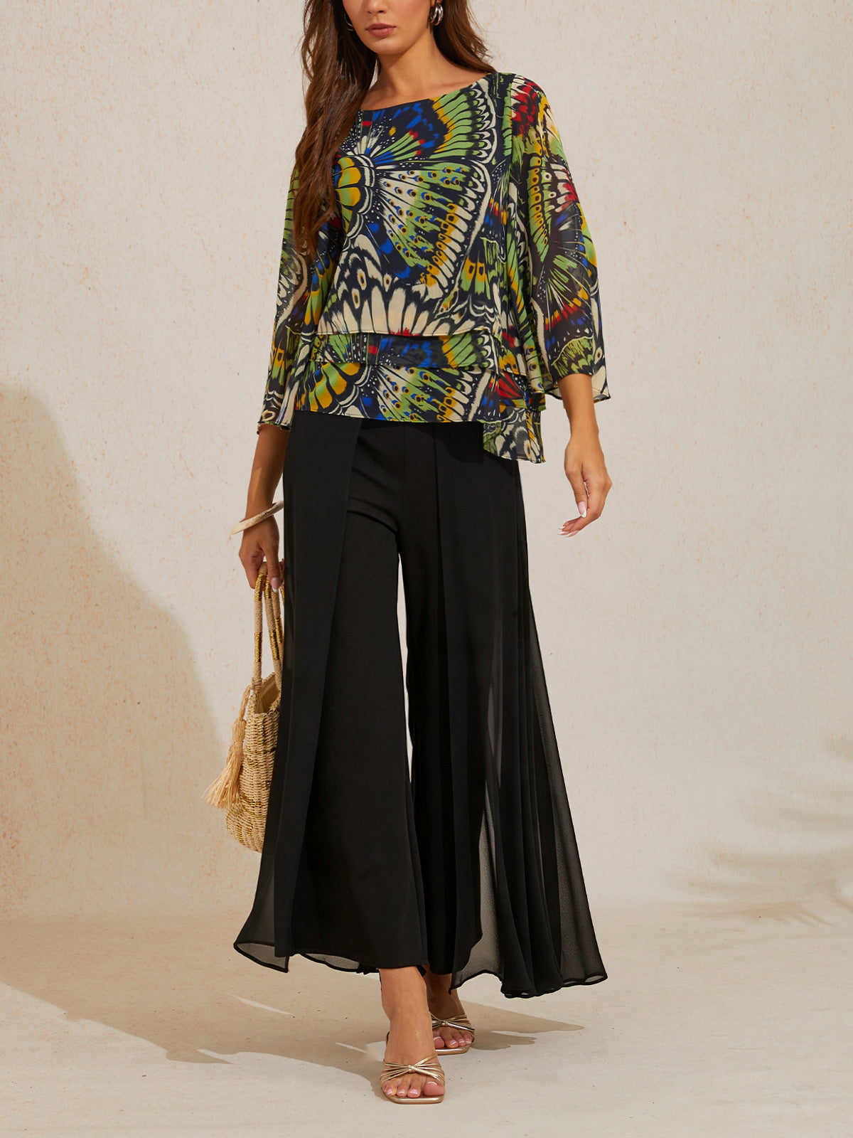 Black Full Length Chiffon High Elasticity Palazzo Pants