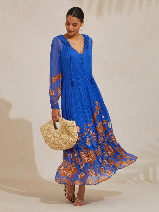 Chiffon Tropical Flowers Puff Sleeve Maxi Dress