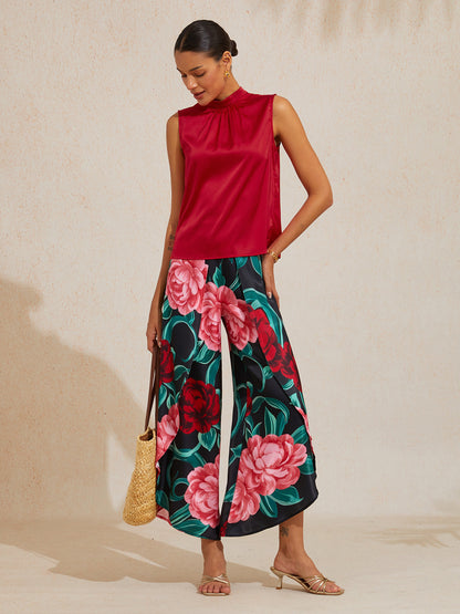 Emerald Rose Garden Silky Satin Sleeveless Top