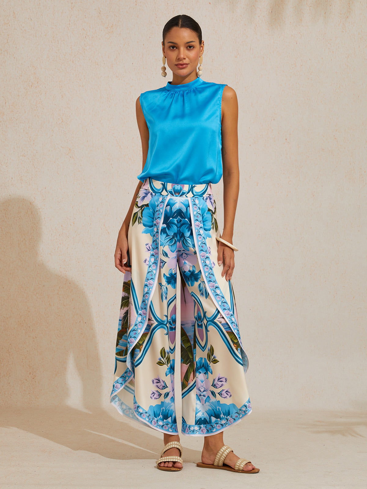 Pantalones Anchos de Satén Sedoso Azul Océano Orquídea