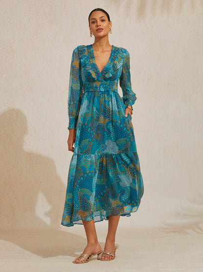Floral Chiffon Tropical Flowers Puff  Sleeve Maxi Dress
