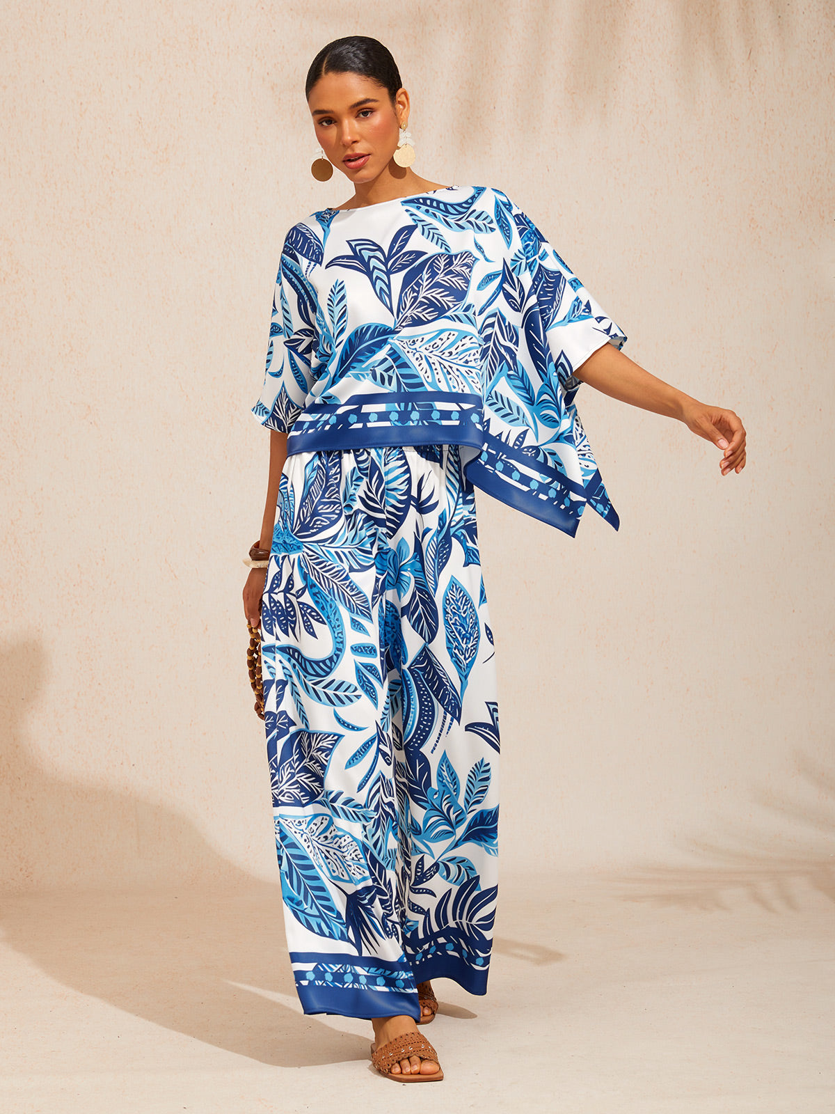 Azure Leaves  Silky Satin Dolman Top