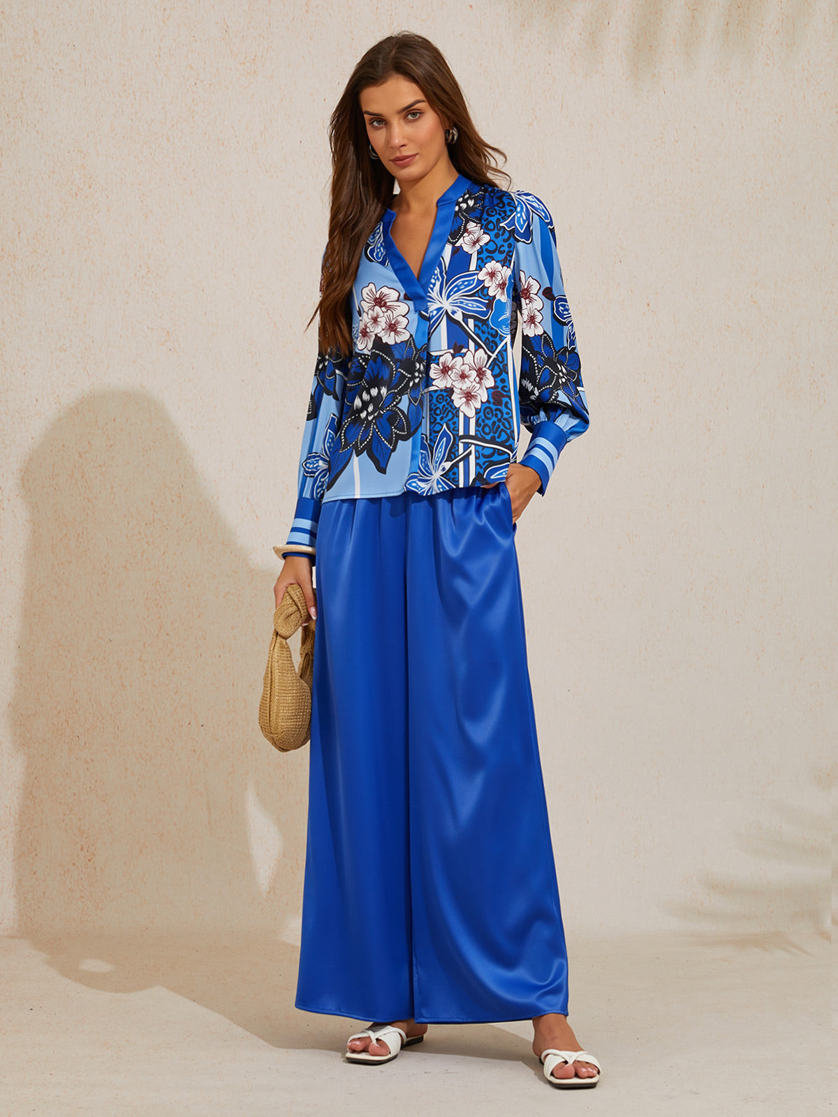 Bird Flower Silky Satin Blouse