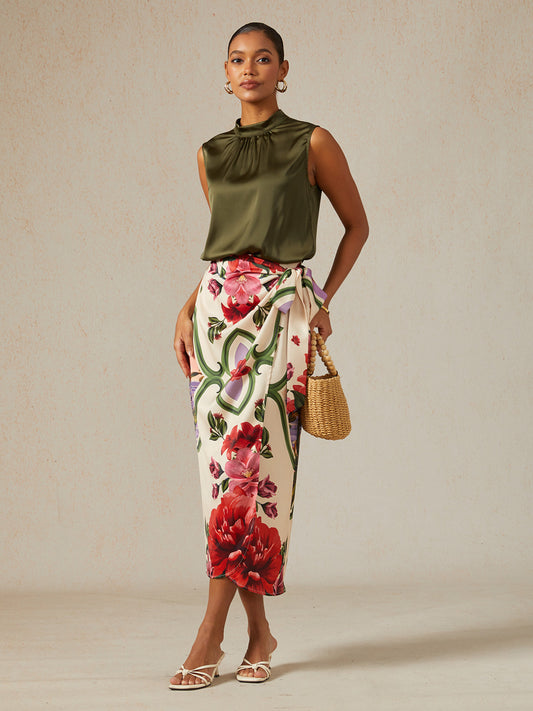 Hawaii Palm Silky Satin Wrap Skirt