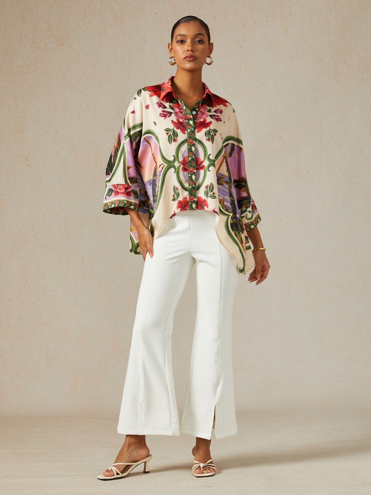 Hawaii Palm Silky Satin Button Down Oversized Shirt