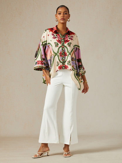 Hawaii Palm Silky Satin Button Down Oversized Shirt
