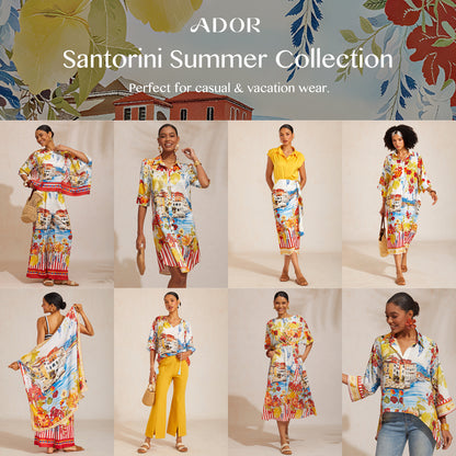 Santorini Sommer Seidiges Malerisches Geblümtes Hemdblusenkleid