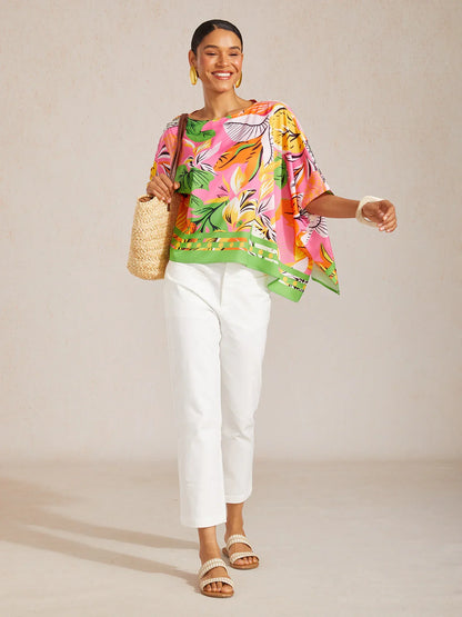 Wild Hibiscus Dream Silky Satin Dolman Sleeve Top