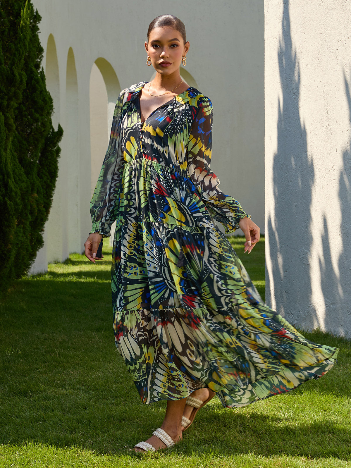 Midnight Jewel Bloom Flowy Chiffon Maxi Dress