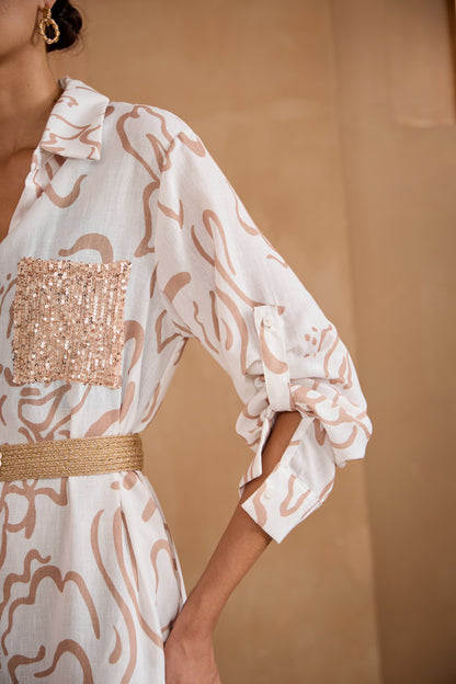 Vestido largo de camisa con vuelta y bolsillo curvo de albaricoque con lentejuelas