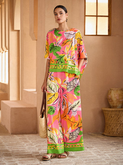Wild Hibiscus Dream Silky Satin Dolman Sleeve Batwing Top