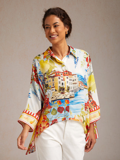 Santorini Summer Flowy Chiffon Scenic Floral Blouse