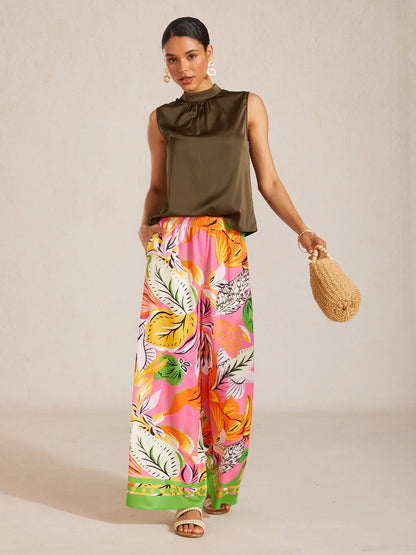 Boho Paisley Silky Satin Wide Leg Pants