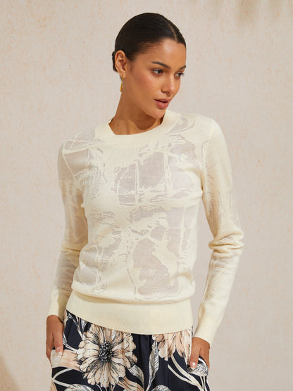 Organza Wool Knit Floral Crew Neck Sweater