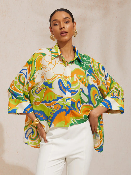 Boho Paisley Flowy Chiffon Short Shirt