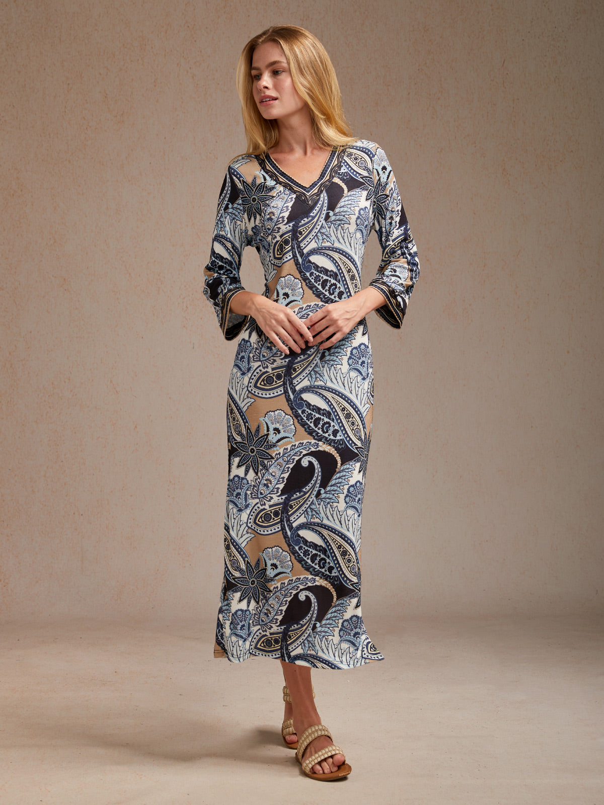 Abstract Paisley Print Knit Stretch Fitted Maxi Dress