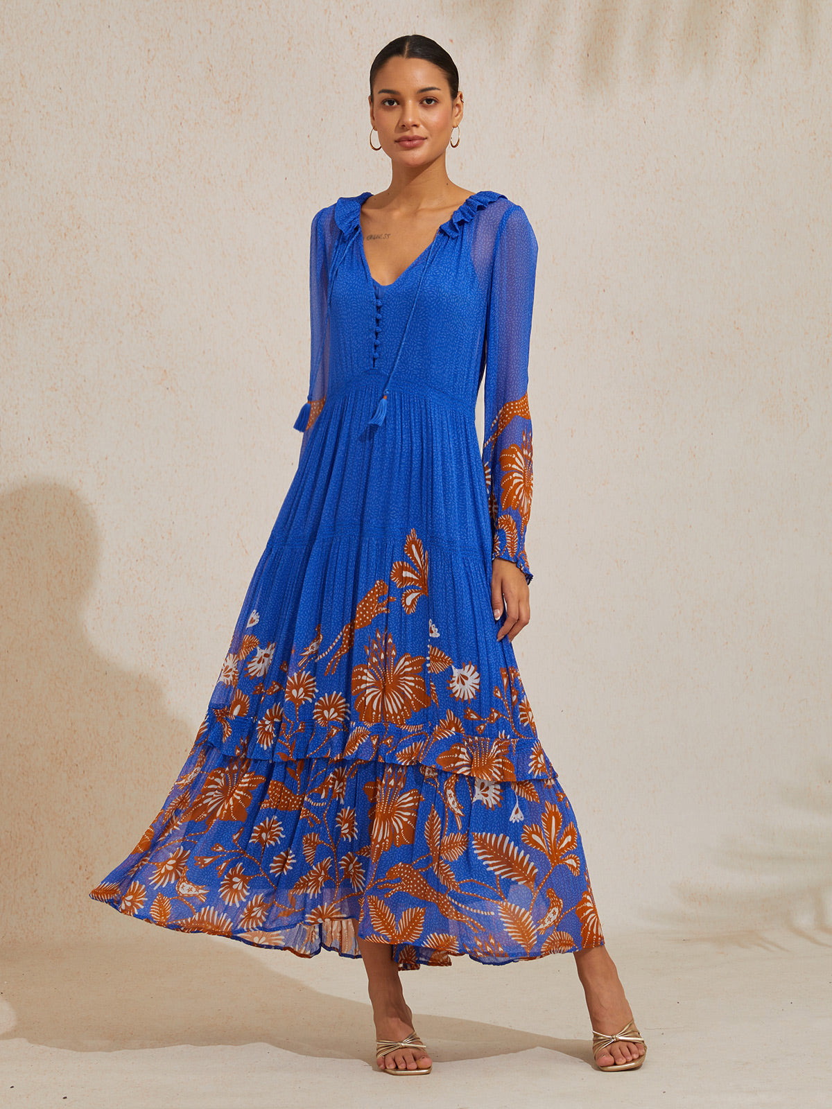 Chiffon Tropical Flowers Puff Sleeve Maxi Dress
