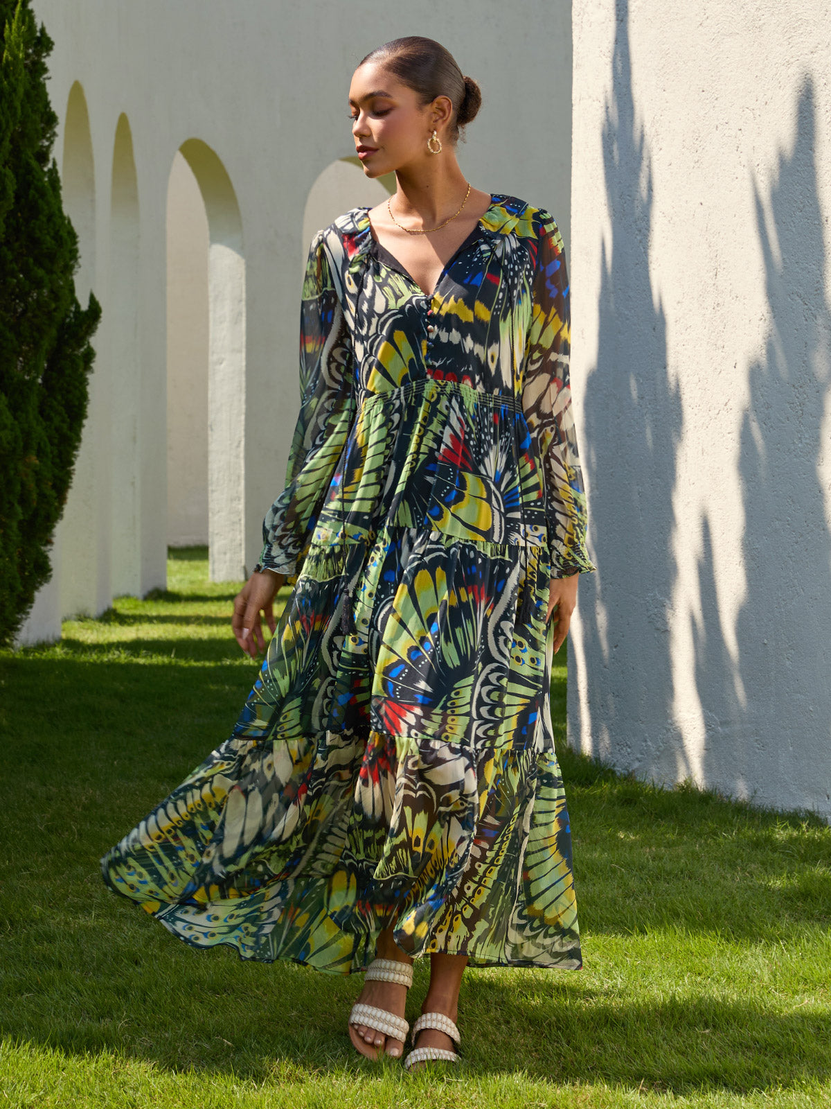 Midnight Jewel Bloom Flowy Chiffon Maxi Dress