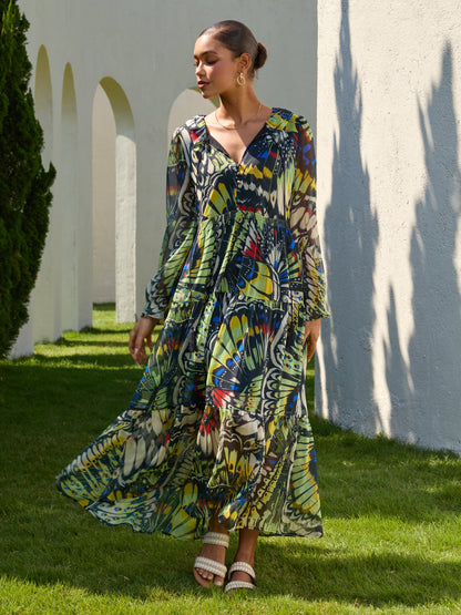 Midnight Jewel Bloom Flowy Chiffon Maxi Dress