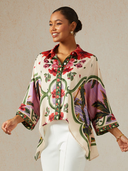 Hawaii Palm Silky Satin Button Down Oversized Shirt