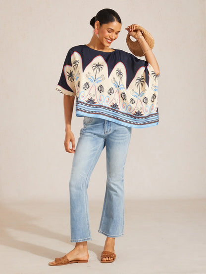 Summer Night Palm Silky Satin Dolman Sleeve Top