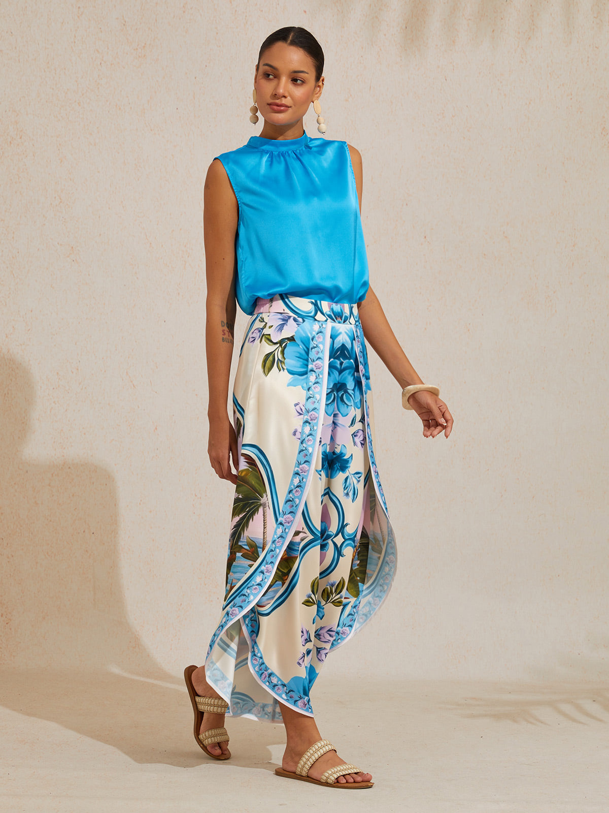 Hawaii Palm Satin Slit Wide Leg Pants