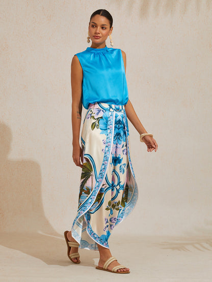 Hawaii Palm Satin Slit Wide Leg Pants