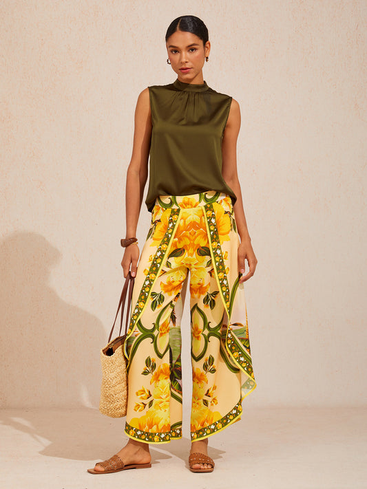 Hawaii Palm Satin Slit Wide Leg Pants