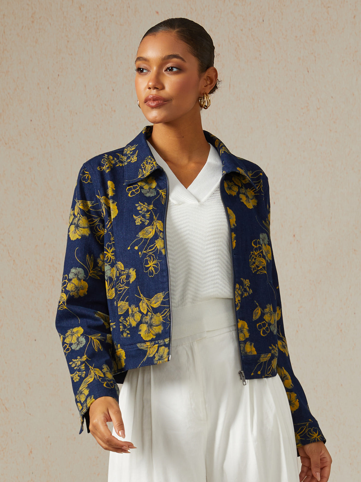 Denim Yellow Floral Pattern Turn Down Collar Jacket