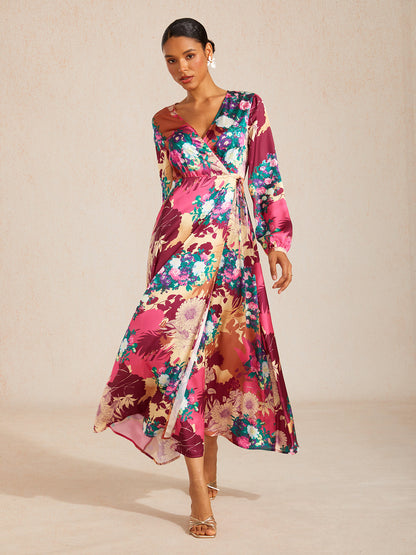 Maxikleid aus seidigem Satin mit Blumenmuster "Sonnenuntergangsblüte"