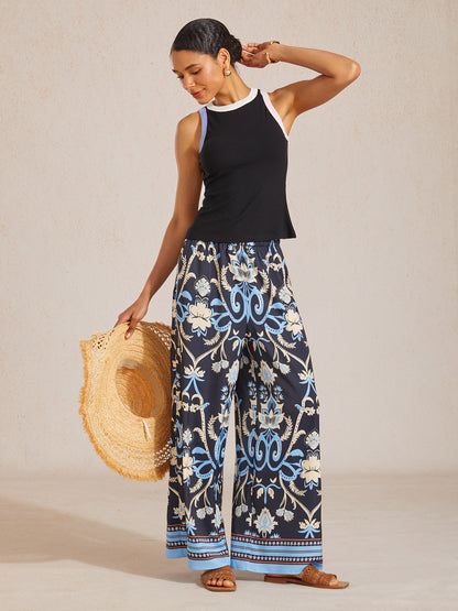 Pantaloni Estivi in Raso Setoso con Gamba Larga e Motivo Palm