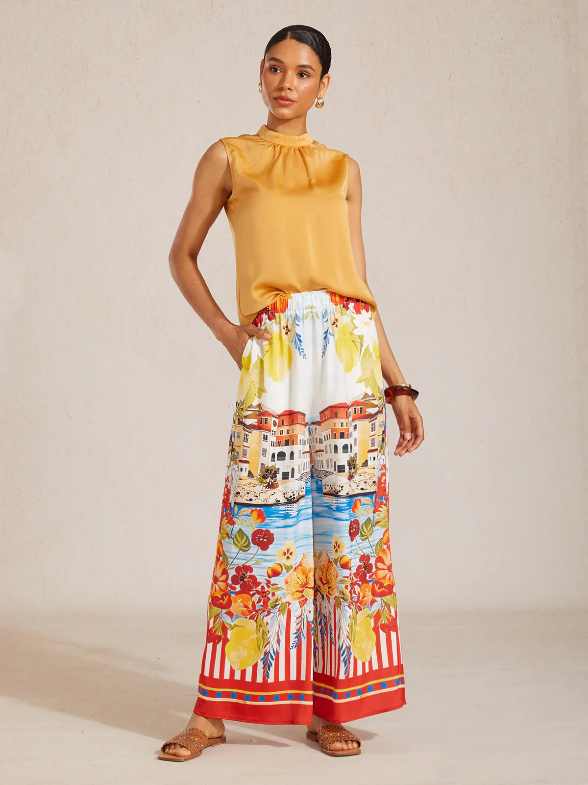Santorini Summer Silky Elastic Waist Wide Leg Pants