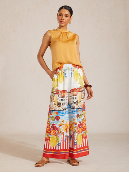 Santorini Summer Silky Elastic Waist Wide Leg Pants