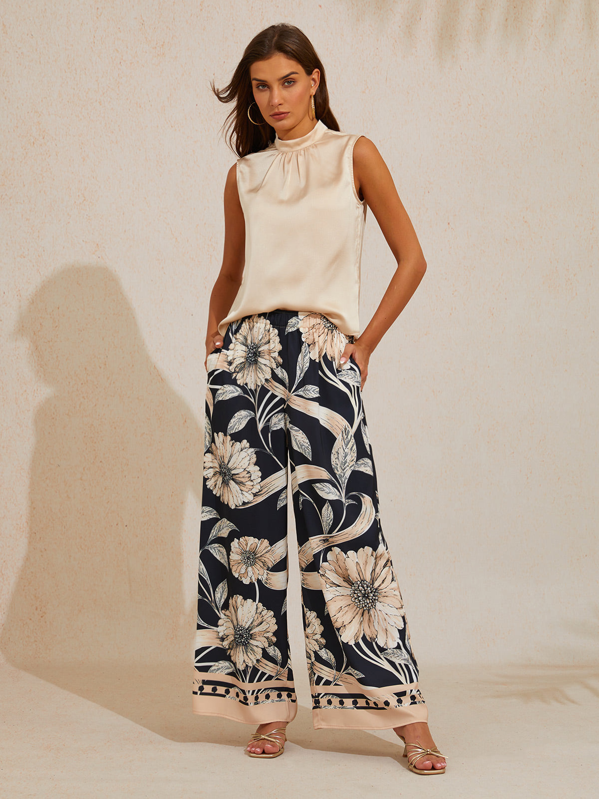 Sepia Noir Bloom Silky Satin Wide Leg Pants