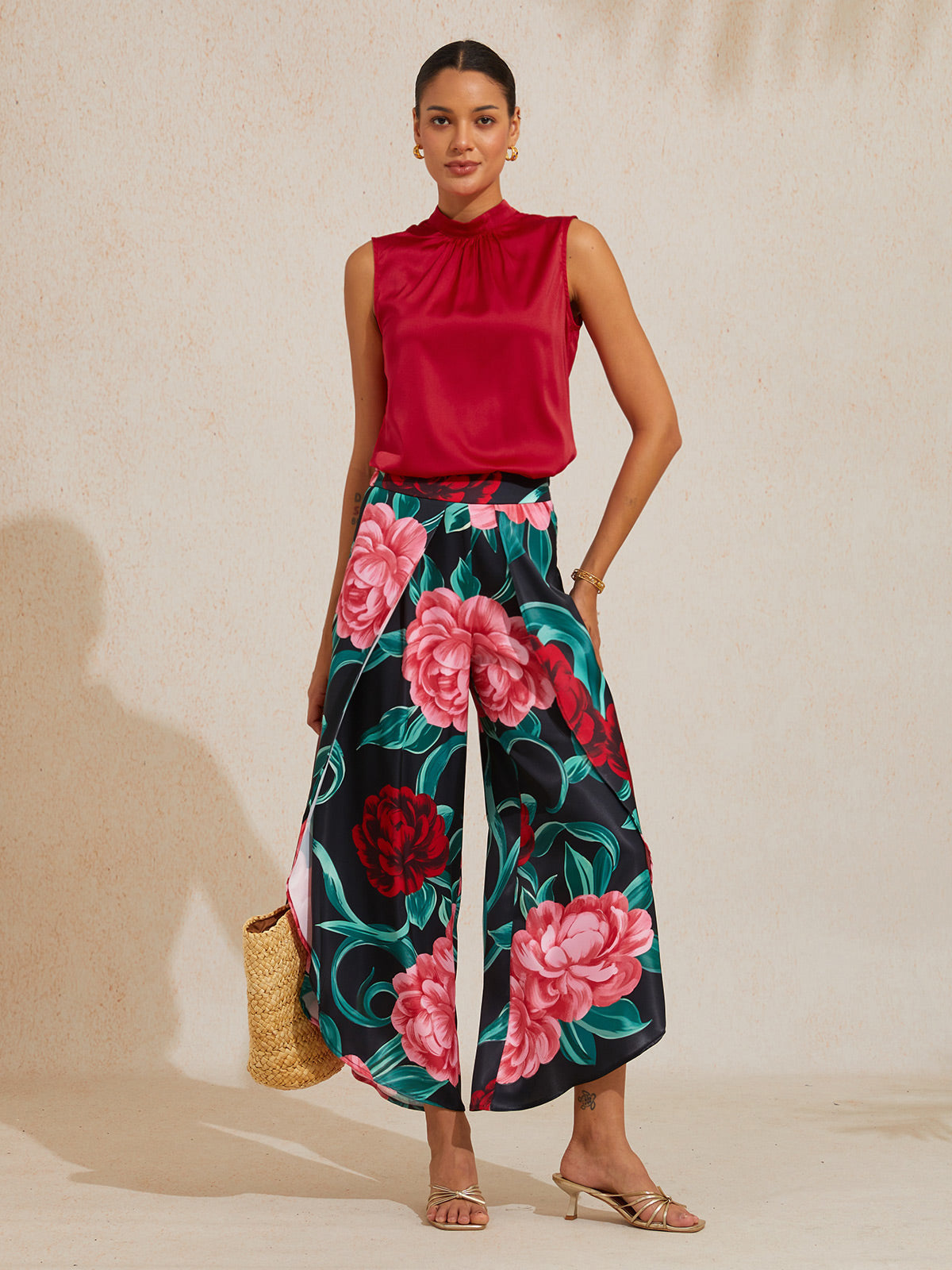 Emerald Rose Garden Silky Satin Sleeveless Top