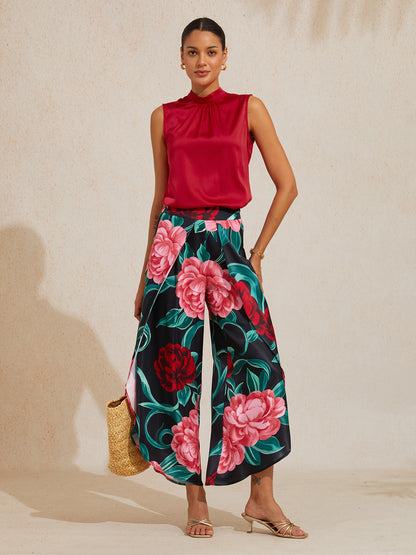 Emerald Rose Garden Silky Satin Sleeveless Top