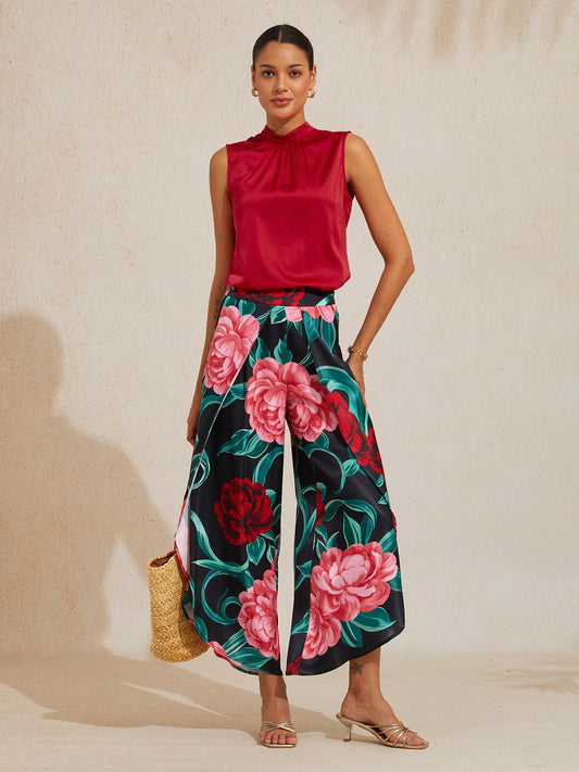 Emerald Rose Garden Silky Satin Sleeveless Top
