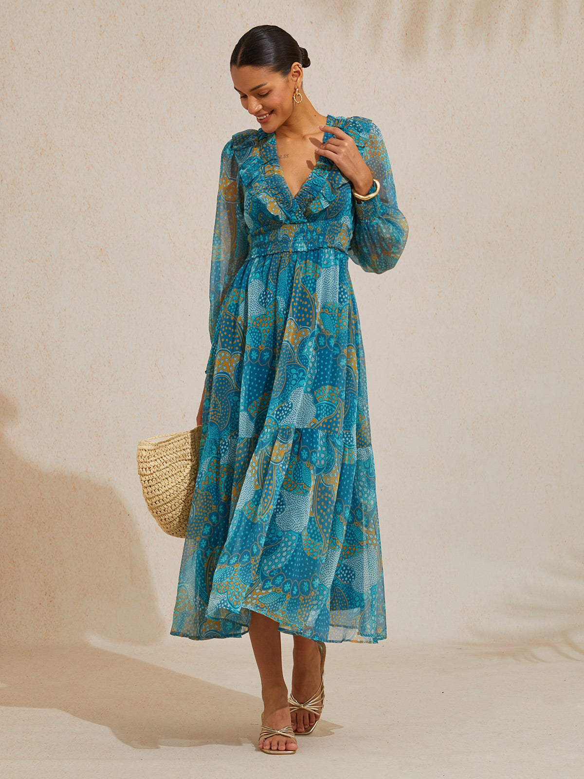 Floral Chiffon Tropical Flowers Puff  Sleeve Maxi Dress