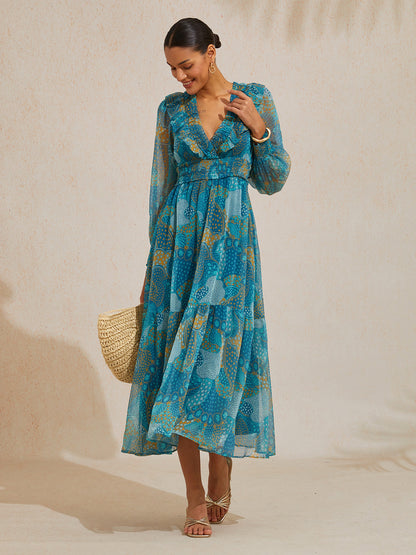 Floral Chiffon Tropical Flowers Puff  Sleeve Maxi Dress