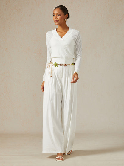 Wavy Detail Thin V-Neck Sweater
