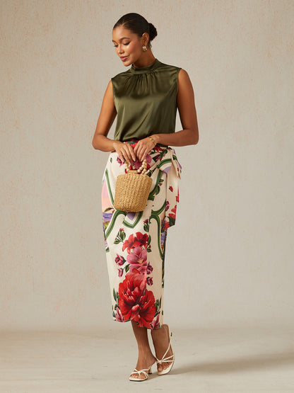 Hawaii Palm Silky Satin Wrap Skirt