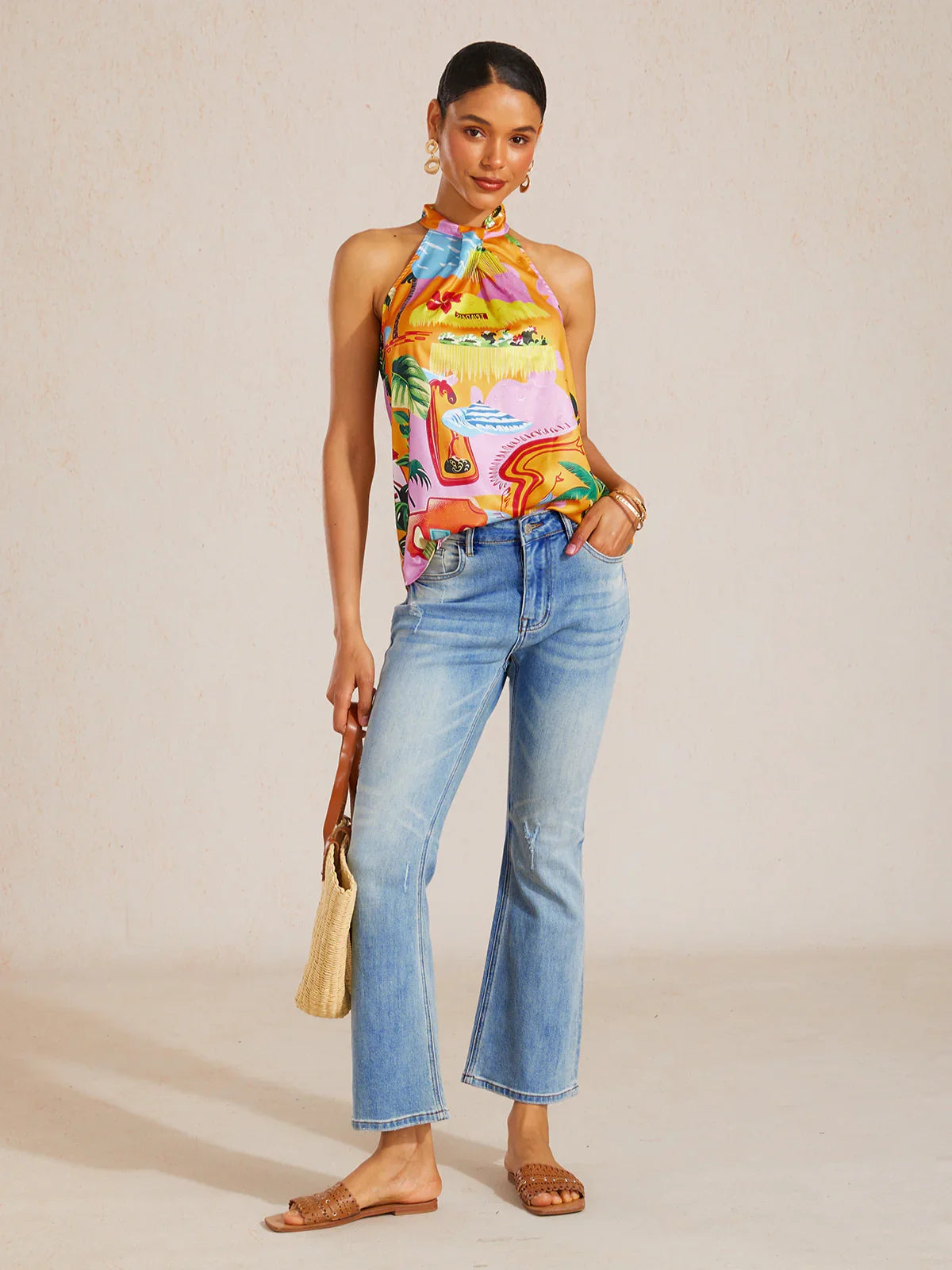 Cotton Stretch Flared Jeans High Waist Frayed Hem Denim Pants