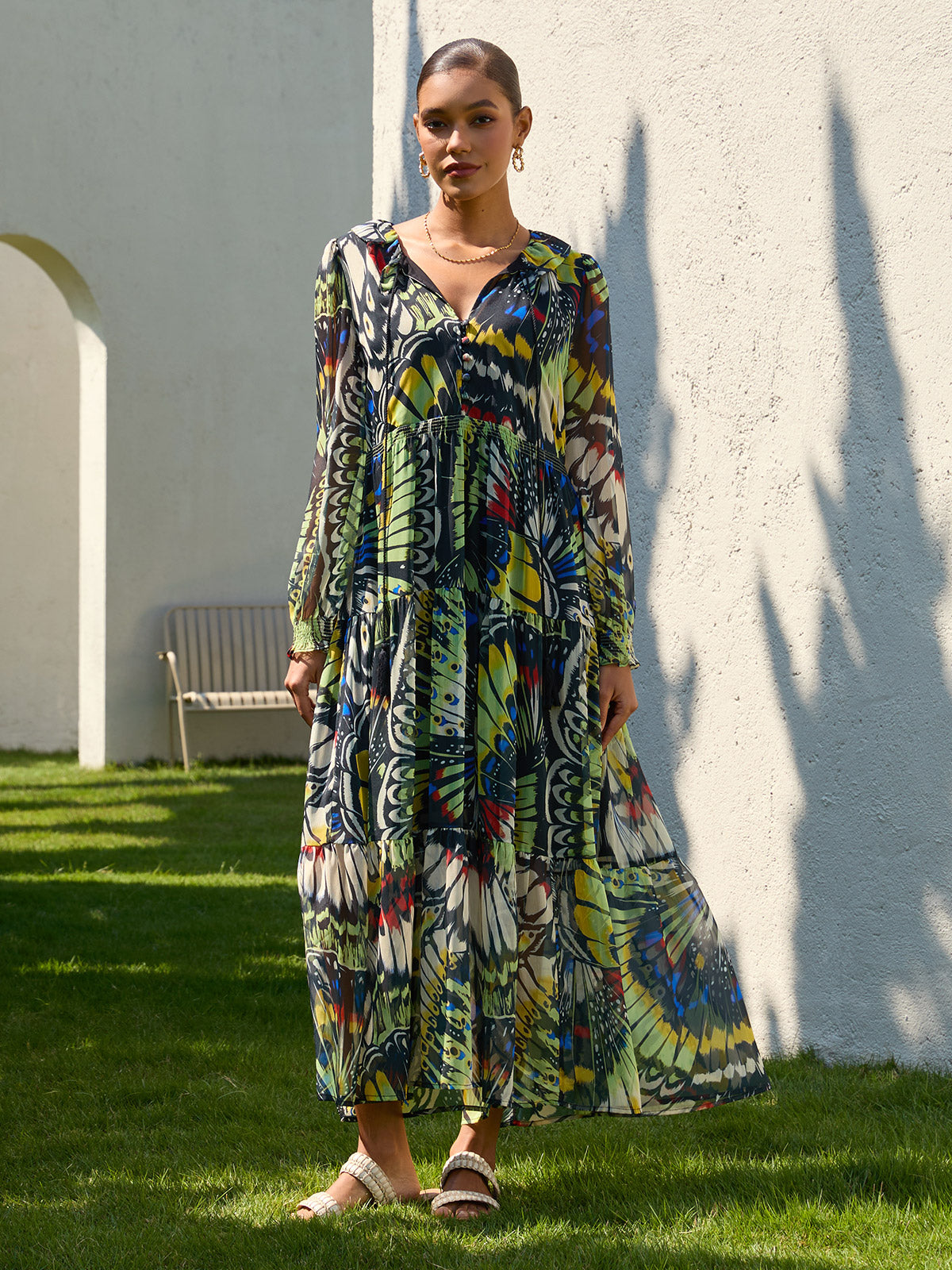 Midnight Jewel Bloom Flowy Chiffon Maxi Dress