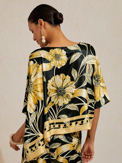 Sepia Noir Bloom Silky Satin Dolman Sleeve Top