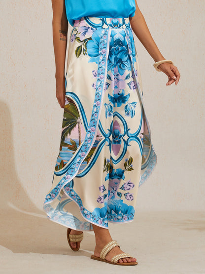 Hawaii Palm Satin Slit Wide Leg Pants