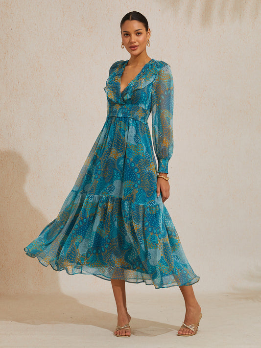 Floral Chiffon Tropical Flowers Puff  Sleeve Maxi Dress