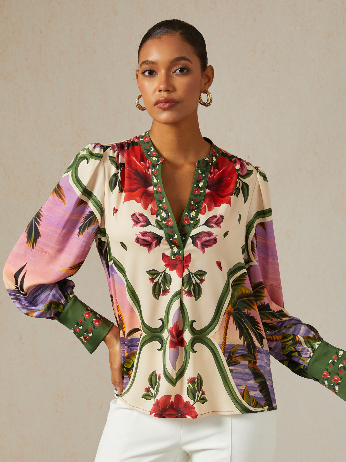 Hawaii Palm Silky Satin Blouse