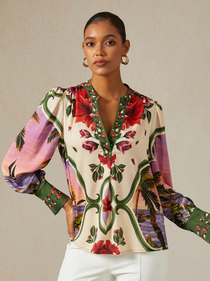Hawaii Palm Silky Satin Blouse