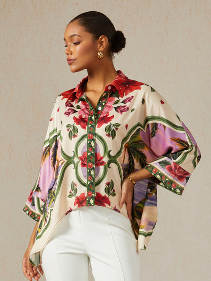 Hawaii Palm Silky Satin Button Down Oversized Shirt
