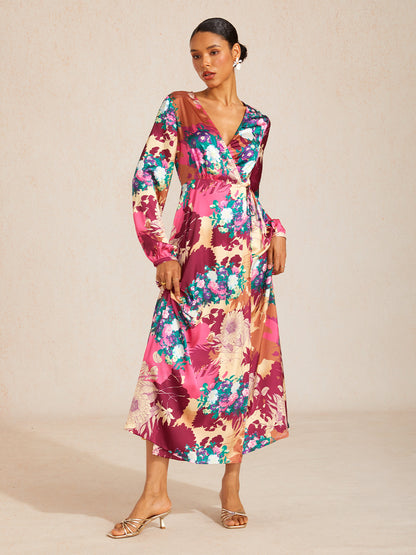 Maxikleid aus seidigem Satin mit Blumenmuster "Sonnenuntergangsblüte"